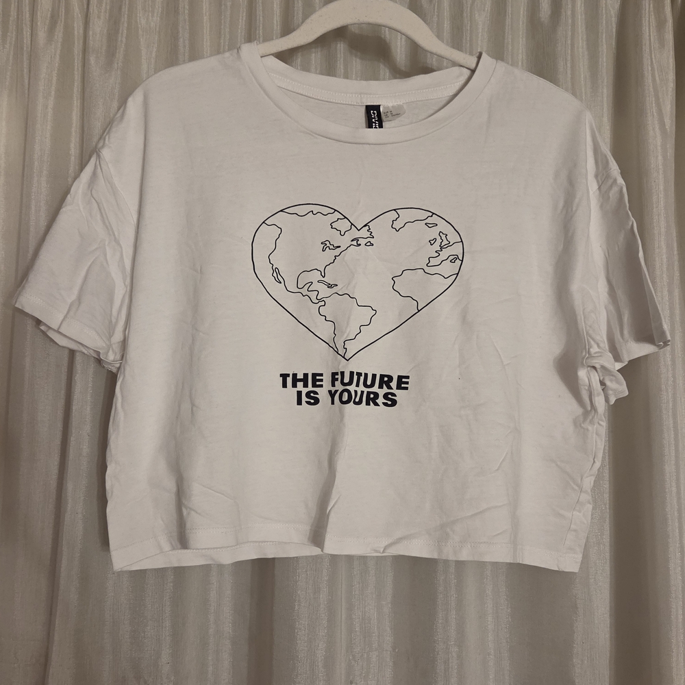 Divided White Crop Top with Heart Graphic